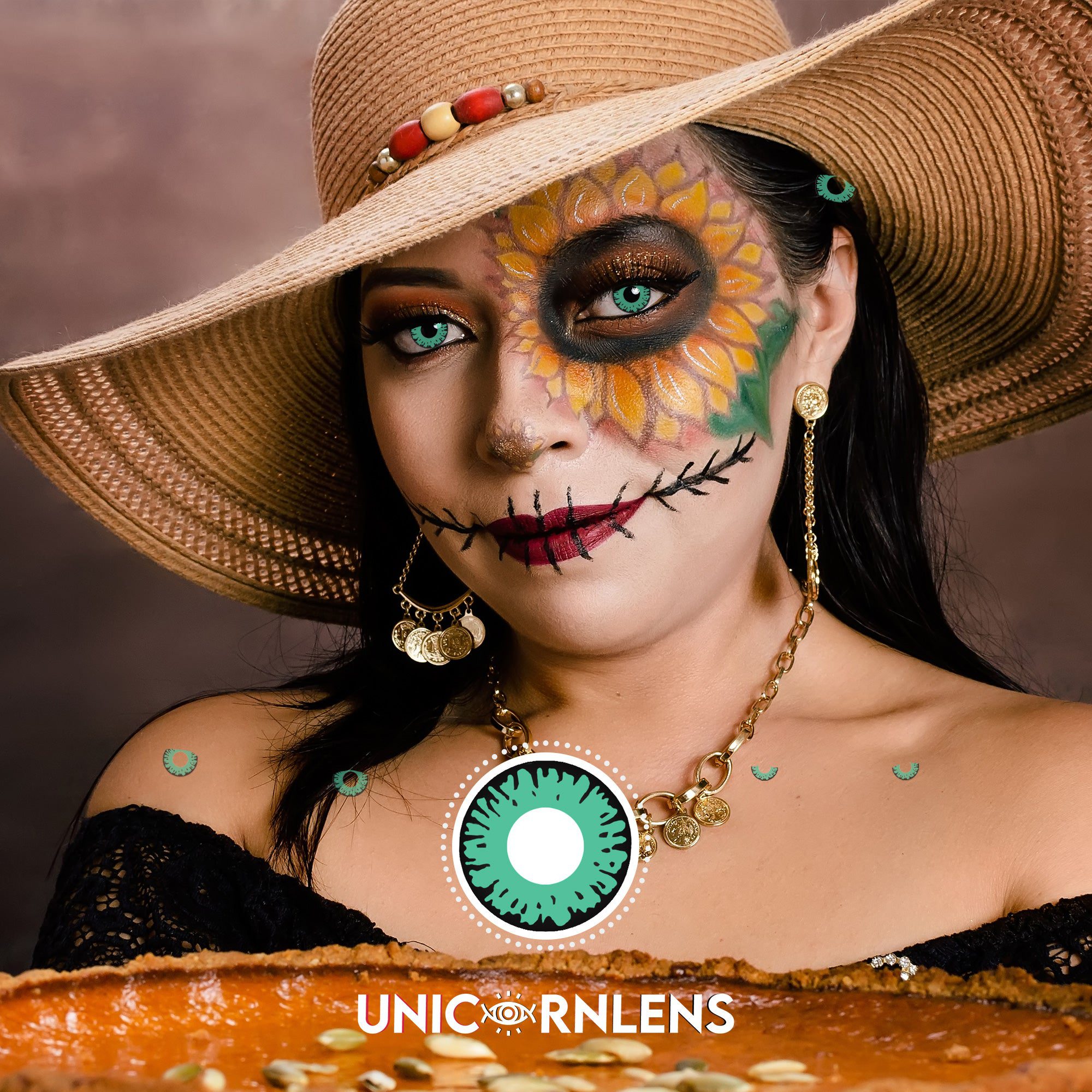 Scary young female in colorful contact lenses and with painted face  standing in dark forest and